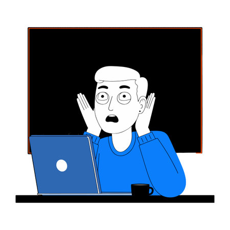 A man with a shocked expression sits at a desk with a laptop, indicating stress or surprise at what he sees on the screen.のイラスト素材
