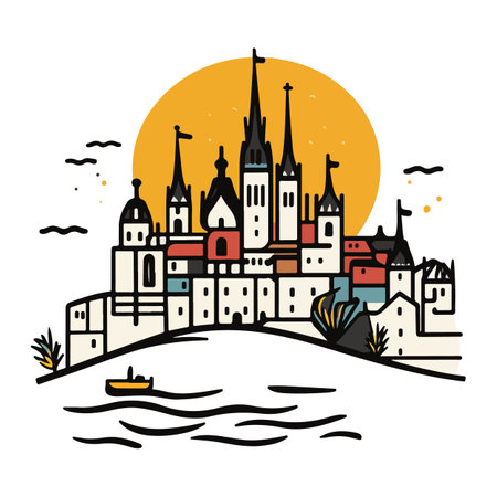 A stylized cartoon cityscape featuring buildings, towers, and a boat on water, set against a sunset backdrop.のイラスト素材