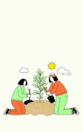 Two people planting a tree under the sun with clouds. They are using gardening tools and kneeling on the ground.のイラスト素材