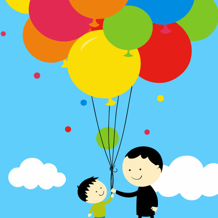 Illustration of a father and son holding a bunch of colorful balloons against a blue sky with clouds.のイラスト素材