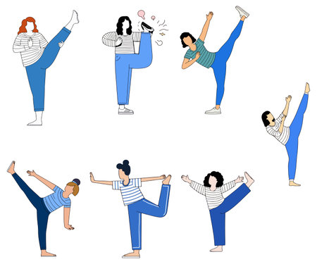 Illustration of seven people in various yoga poses, wearing casual striped shirts and blue pants.のイラスト素材