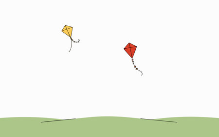 A yellow and a red kite soars in the sky above rolling green hills, creating a whimsical and cheerful scene.のイラスト素材