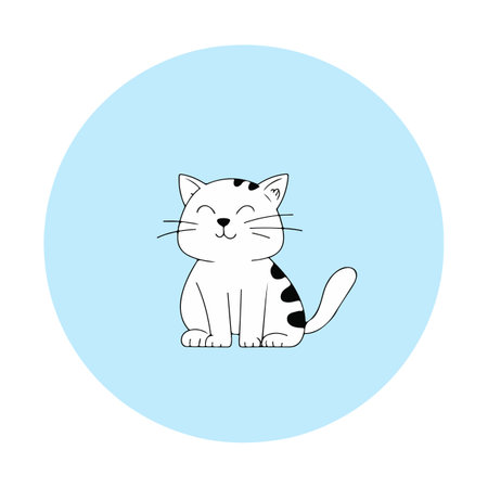 A charming cartoon illustration of a white cat with black spots, set against a light blue circular background.のイラスト素材