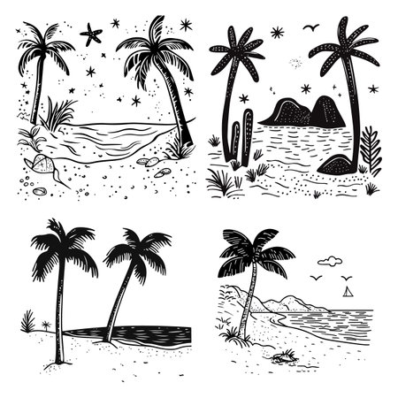 A collection of four black and white illustrations depicting tropical beach scenes with palm trees, water, and coastal elements.のイラスト素材