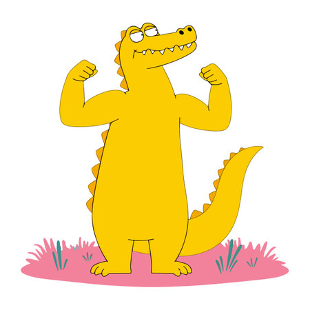 A yellow cartoon alligator stands on pink grass, flexing its muscles with a confident expression.のイラスト素材