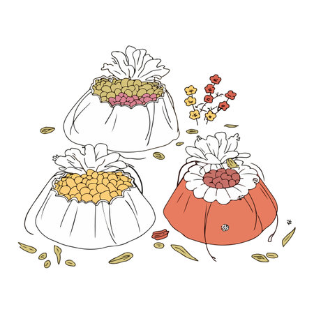 Illustration of three Korean lucky bags (bokjumeoni) with different fillings and a sprig of flowers.のイラスト素材