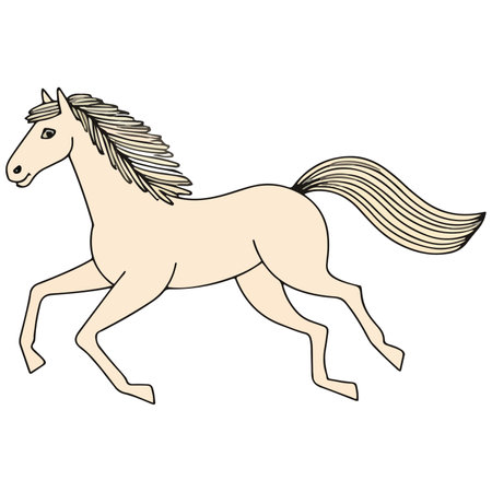 Illustration of a light-colored horse running, with a flowing mane and tail, outlined in black.のイラスト素材