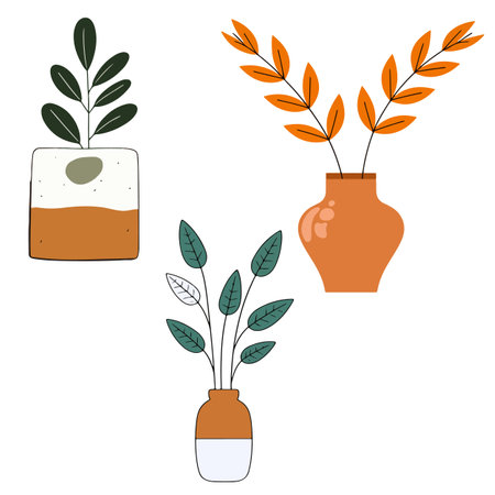Illustration of three potted plants with different leaf colors and vase styles on a white background.のイラスト素材