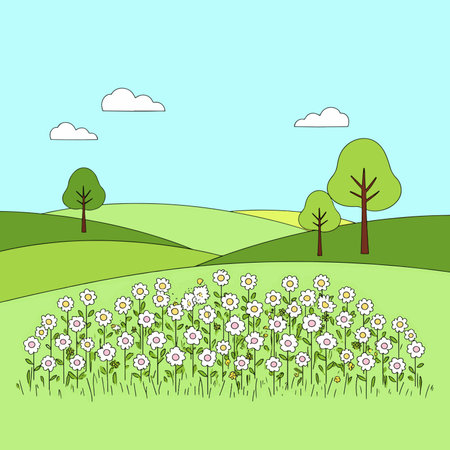A cartoon landscape featuring a field of daisies, rolling green hills, trees, and clouds against a blue sky.のイラスト素材