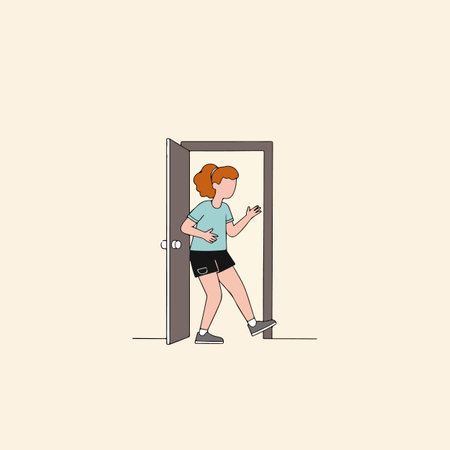 A cartoon woman with red hair walks through a doorway, wearing shorts and a t-shirt, in a simple, minimalist style.のイラスト素材