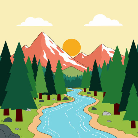 Cartoon landscape featuring a winding river through a forest, with mountains and a bright sun in the background.のイラスト素材