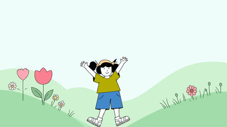 A cheerful girl stands in a field of flowers with her arms raised, enjoying the outdoors.のイラスト素材