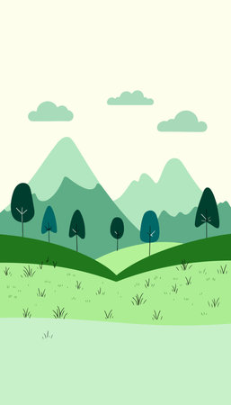 A cartoon-style landscape featuring green mountains, trees, clouds, and grassy fields in a simple, flat design.のイラスト素材