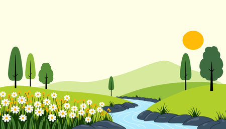 A cartoon landscape featuring a winding river, lush greenery, wildflowers, and a bright yellow sun.のイラスト素材