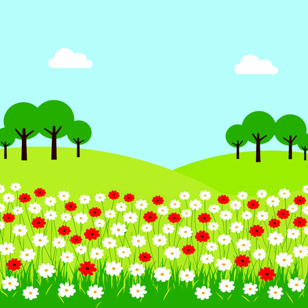 A colorful cartoon landscape featuring a field of red and white flowers, green hills, trees, and clouds against a blue sky.のイラスト素材