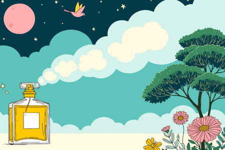 A whimsical illustration featuring a perfume bottle against a dreamy landscape with a moon, stars, bird, clouds, tree, and flowers.のイラスト素材