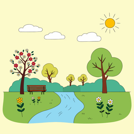 A colorful cartoon illustration of a park with trees, flowers, a stream, and a bench under a sunny sky with fluffy clouds.のイラスト素材