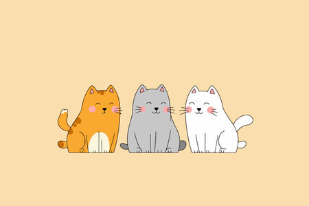 Illustration of three cartoon cats sitting side by side, orange, gray, and white, against a light orange background.のイラスト素材