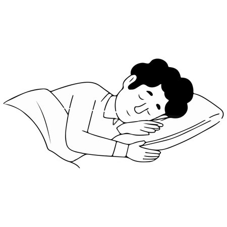 A black and white line drawing of a person sleeping peacefully on a pillow, covered by a blanket.のイラスト素材