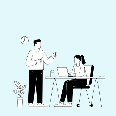 Illustration of a man pointing at a woman working on a laptop at a desk with books in an office setting.のイラスト素材