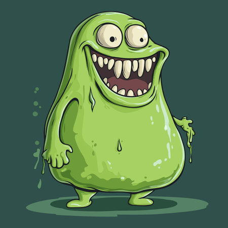 A cartoon illustration of a smiling, green, slimy monster with big eyes and sharp teeth, standing on a green surface.のイラスト素材