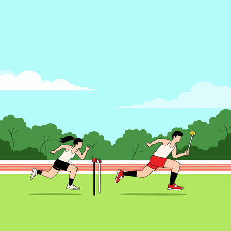 Illustration of a female hurdler and a male javelin thrower competing on a track and field, set against a backdrop of trees and sky.のイラスト素材