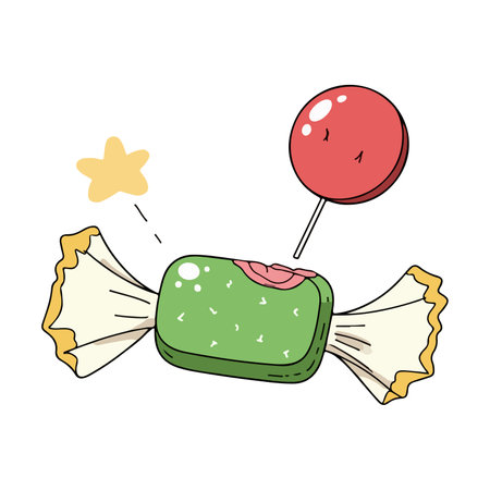 A cartoon illustration of a green wrapped candy with a bite taken out and a red lollipop, accompanied by a yellow star.のイラスト素材