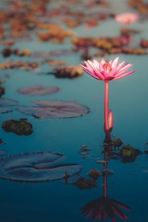 A vibrant pink lotus flower stands tall in a serene body of water, surrounded by lily pads and reflections.の写真素材