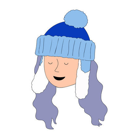 Illustration of a person wearing a blue winter hat with ear flaps and long, wavy hair.のイラスト素材