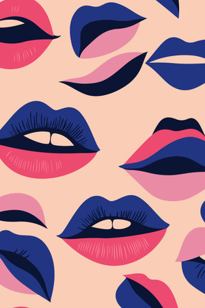 A vibrant pattern featuring stylized lips in shades of pink and blue against a peach background, creating a bold and playful design.のイラスト素材