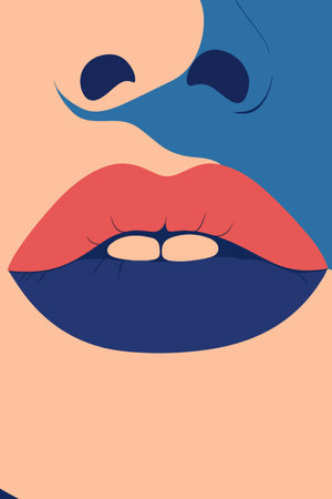 Abstract illustration of a face with bold colors and shapes, focusing on the lips and nose.のイラスト素材