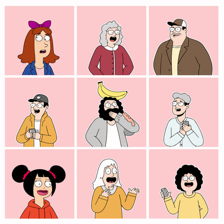 A collage of nine cartoon characters with diverse expressions and styles on a pink background.