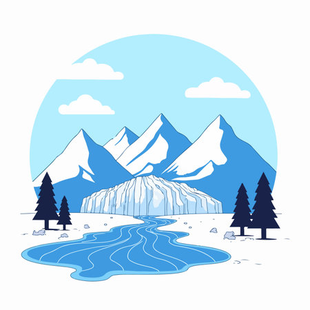 A serene mountain landscape featuring snow-capped peaks, a glacier, a winding river, and evergreen trees under a blue sky with clouds.のイラスト素材
