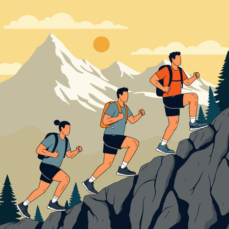 Illustration of three hikers climbing a rocky mountain with a scenic backdrop of mountains, trees, and a sunny sky.のイラスト素材