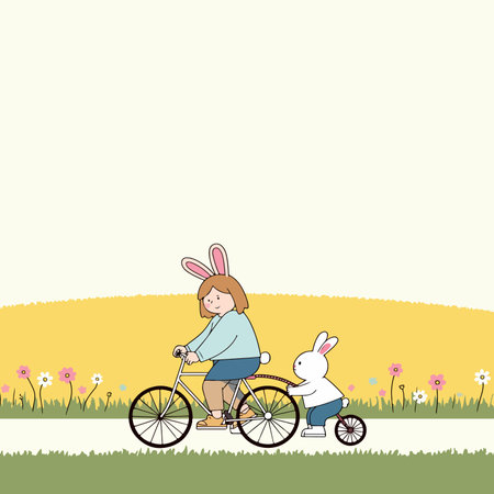 A girl with bunny ears rides a bicycle with a rabbit pushing from behind, in a field of flowers.のイラスト素材