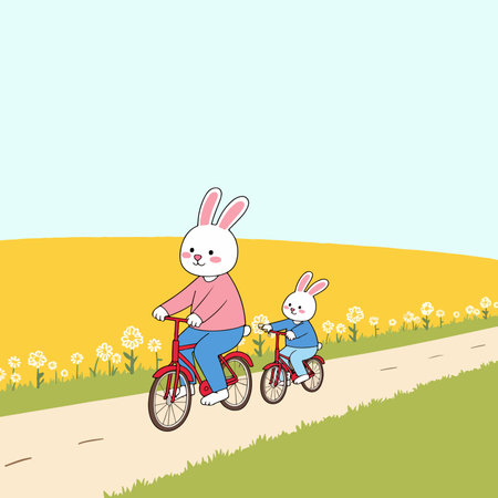 A heartwarming illustration of two rabbits, possibly a parent and child, enjoying a bike ride on a sunny day through a field of flowers.のイラスト素材
