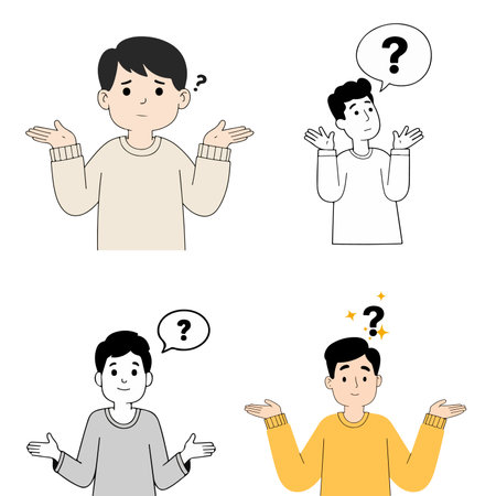 Four illustrations of a person shrugging with a question mark above their head, indicating confusion or uncertainty.のイラスト素材