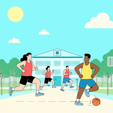 A group of people are exercising outdoors near a building, with some running and one playing basketball.のイラスト素材