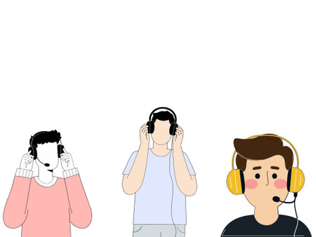Illustration of three people wearing different types of headsets, likely for customer service or gaming.のイラスト素材
