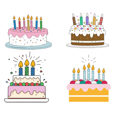 A collection of four cartoon-style birthday cakes, each adorned with lit candles and colorful...