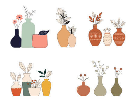 A collection of vases with various floral and plant arrangements in a minimalist, decorative style.のイラスト素材