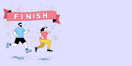 Illustration of a man and woman running towards a 'FINISH' banner, surrounded by confetti and celebratory bursts on a light purple background.のイラスト素材