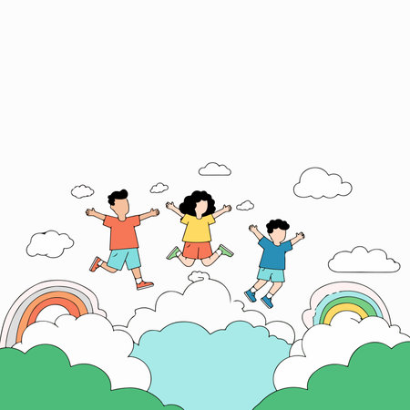 Three children joyfully jumping amidst clouds and rainbows, embodying happiness and carefree fun.のイラスト素材