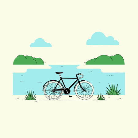 A black bicycle stands by a river with green bushes and blue clouds in the background, creating a serene and minimalist landscape.のイラスト素材