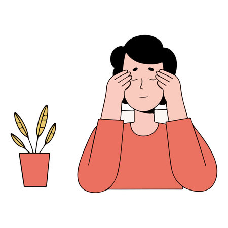 Illustration of a woman with hands over her eyes, standing next to a potted plant.のイラスト素材