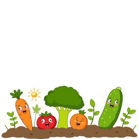 A cheerful cartoon illustration of a vegetable garden with smiling tomatoes, cucumber, carrot, and broccoli under a bright sun.のイラスト素材