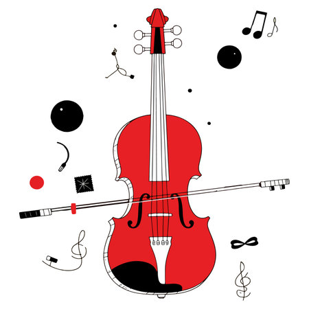 A vibrant red violin with a bow, surrounded by musical notes and symbols, creating a whimsical and artistic composition.のイラスト素材