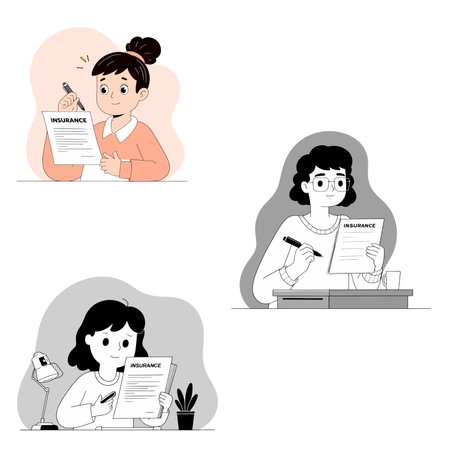 Illustration of three people reviewing and signing insurance documents in different settings, highlighting the importance of insurance.のイラスト素材