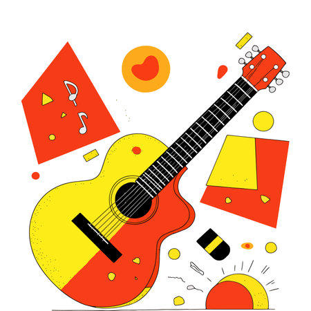 A vibrant and abstract illustration of an acoustic guitar with geometric shapes and musical notes in a playful, colorful composition.のイラスト素材