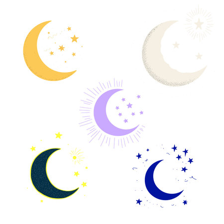 A whimsical illustration featuring five crescent moons in various colors, each accompanied by stars,...